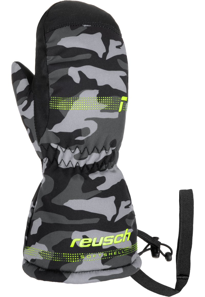 Graue und schwarze Tarnhandschuhe aus Softshell-Material mit einem neon-grünen Logo und gepunkteten Akzenten; enthalten einen Handgelenkriemen zur Sicherung.