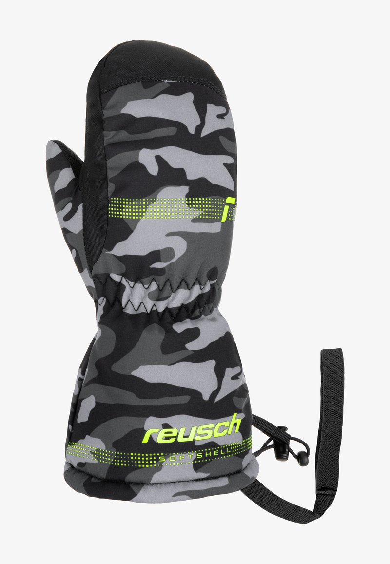 Graue und schwarze Tarnhandschuhe aus Softshell-Material mit einem neon-grünen Logo und gepunkteten Akzenten; enthalten einen Handgelenkriemen zur Sicherung.