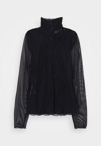 Svart långärmad topp med hög hals, tillverkad av ett genomskinligt tyg, med en vågig volangdesign på framsidan och mjuka, texturerade ärmar.