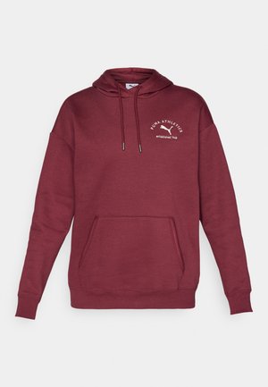 Maroon hoodie made of cotton blend, featuring a kangaroo pocket, drawstring hood, and embroidered logo on the chest. Smooth texture.