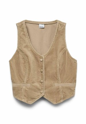 Beige corduroy vest med V-udskæring, fire stofbetrukne knapper foran og to forlommer.