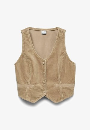 Beige corduroy vest met een V-hals, vier met stof bedekte knopen aan de voorkant en twee voorzakken.