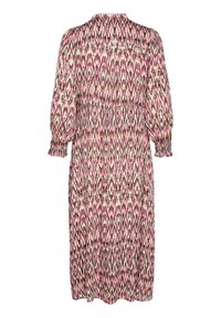 Multicolored long dress featuring a geometric pattern in pink, green, and cream, with smocked details at the sleeves and waist.