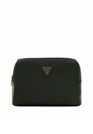 Astuccio cosmetico rettangolare nero con cerniera superiore e piccolo logo triangolare Guess al centro davanti.