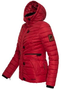 Red puffer jacket with a detachable hood. Features horizontal stitching, two front pockets, black buttons, and a logo patch on the sleeve.