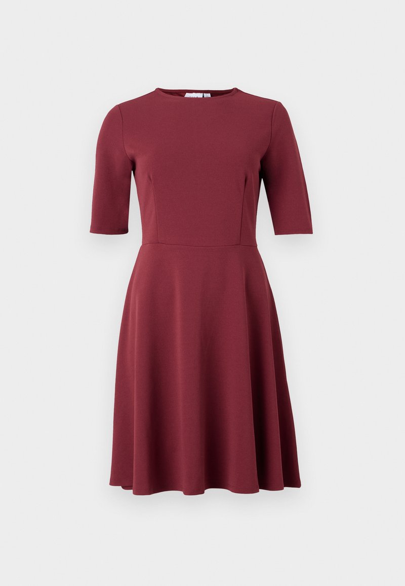Burgunderfarbendes Kleid mit rundem Ausschnitt, kurzen Ärmeln, tailliertem Oberteil und ausgestelltem Rock. Hergestellt aus glattem Stoff ohne sichtbare Muster oder Verzierungen.