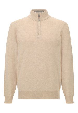 Béžový lehký svetr s polovičním zipem u límce, dlouhými rukávy, žebrovanými manžetami a jemnou texturou. Minimalistický design bez vzorů a zdobení.