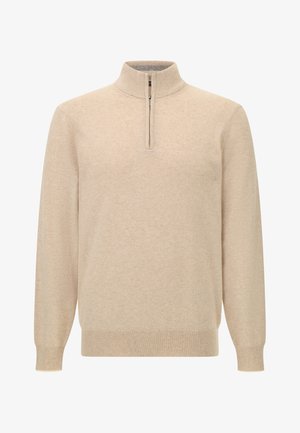 Béžový lehký svetr s polovičním zipem u límce, dlouhými rukávy, žebrovanými manžetami a jemnou texturou. Minimalistický design bez vzorů a zdobení.