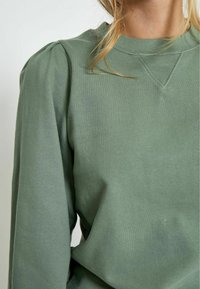 Light green sweatshirt featuring a crew neckline, subtle shoulder pleats, and soft, textured fabric. Close-up of upper body and sleeve.
