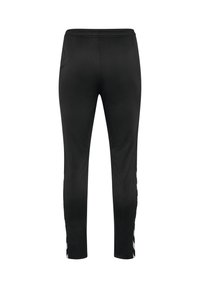 Zwarte sportbroek met een getailleerde pasvorm, elastische tailleband, gladde textuur en witte accentstrepen aan de zijkanten.