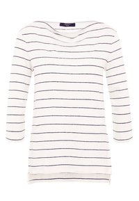 Weißes Langarmoberteil mit dünnen horizontalen marineblauen Streifen und einem Bootsausschnitt, mit einem leicht verlängerten Rückensaum.