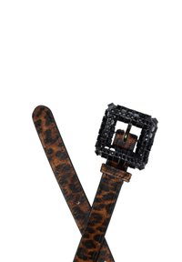 Curea din piele cu imprimeu leopard, având o cataramă pătrată neagră cu pietre prețioase, finisaj texturat și margini cusute.