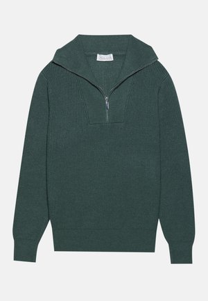 Dunkelgrüner gerippter Pullover mit einem halb gezippten Kragen, langen Ärmeln und einem strukturierten Stoff. Einfaches Design mit geradem Saum.