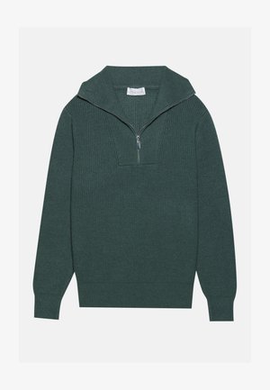 Sötétzöld bordás pulóver félcipzárral, hosszú ujjakkal és texturált anyagból. Letisztult dizájn, egyenes szegéllyel.