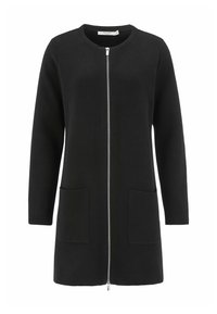 Lång svart stickad cardigan med fullständig silverdragkedja framtill, rund halsringning, långa ärmar och två framfickor.