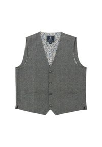 Graue Wollweste mit Reverskragen, Fünfknopfverschluss und zwei vorderen Taschen; das blumendekorierte Futter verleiht eine besondere Note.