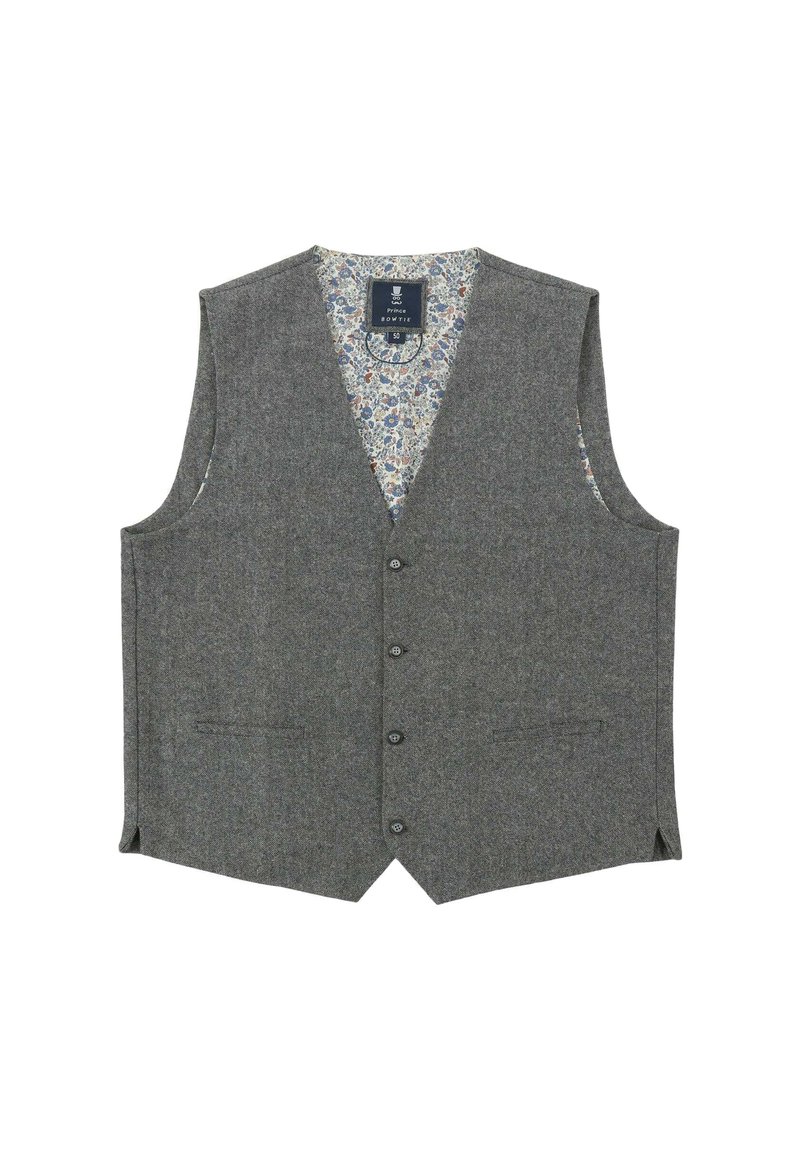 Graue Wollweste mit Reverskragen, Fünfknopfverschluss und zwei vorderen Taschen; das blumendekorierte Futter verleiht eine besondere Note.