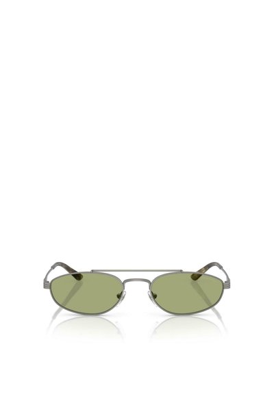Lunettes de soleil teintées de vert avec une monture en métal, des verres ovales et des branches courbées distinctives. Elles disposent d'un fin pont horizontal.