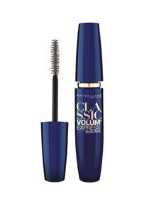 Mascara Maybelline Classic Volum' Express dans un tube bleu marine brillant. Comprend une brosse en spirale. Lettrage doré sur le tube pour le branding.