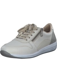 Light grey leather sneaker with textured fabric laces, side zipper detail, and white rubber sole. Rounded toe and minimal design accents.