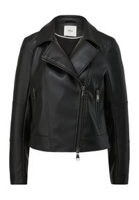 Veste de moto en cuir noir avec col en V, fermeture éclair sur le devant et deux poches zippées. Dispose de manches ajustées et de détails de couture.