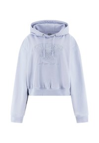 Felpa corta viola chiaro con cappuccio con coulisse, caratterizzata dal logo e testo "GUESS" in rilievo, realizzata in tessuto morbido con polsini a costine.