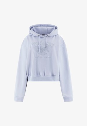 Hellvioletter, kurz geschnittener Hoodie mit Kordelzugkapuze, geprägt mit dem "GUESS"-Logo und Schriftzug, aus weichem Stoff mit gerippten Bündchen.