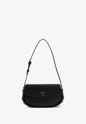 Black leather shoulder bag with adjustable strap and a triangular Guess logo on the front flap, shown against a white background.