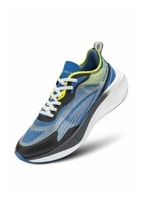 Męski sneaker z niebieską i szaro-skalistą siateczką u góry, białą podeszwą środkową, czarnymi akcentami i jasnosłonecznymi detalami. Posiada białe sznurówki i pętelkowy uchwyt na pięcie.