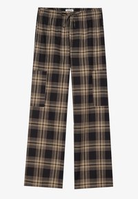 Zwart en beige geruite wijde broek met een elastische tailleband en koord, met twee zijzakken en een zachte textuur.