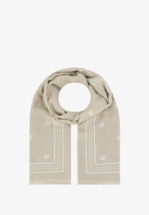 Beige sjaal met witte geometrische patronen en franjes, gemaakt van zacht materiaal, met een lichtgewicht en veelzijdig ontwerp.