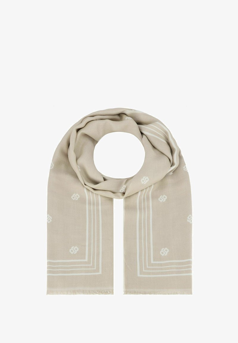 Sciarpa beige con motivi geometrici bianchi e bordi frangiati, realizzata in materiale morbido, con un design leggero e versatile.