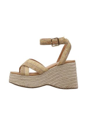 Sandales compensées avec un extérieur en paille tressée, des brides beiges et une boucle. La semelle plateforme présente un design texturé et empilé.