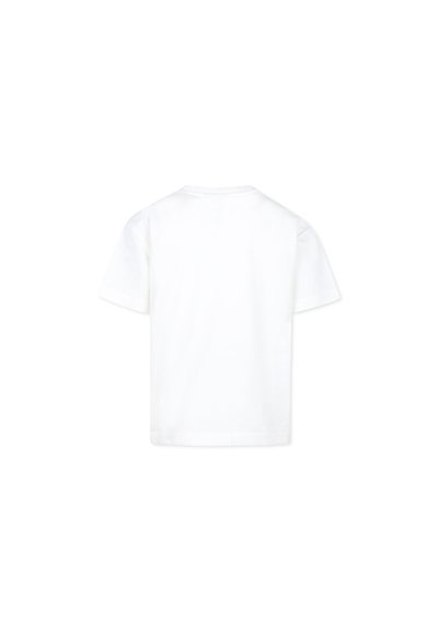 T-shirt bianco in cotone, maniche corte, colletto tondo, texture liscia, design semplice senza logo o motivi visibili. Vista posteriore mostrata.