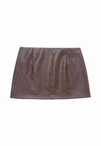 Bruine leren minirok met een gladde textuur, voorzien van twee voorplooien en een nette zoom. Ritssluiting aan de achterkant.