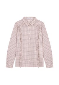 Chemise à manches longues avec boutons, à motif à carreaux rose et blanc, avec un bord volanté vertical le long des côtés avant et des épaules.