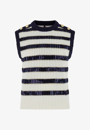 Gilet senza maniche in maglia con righe orizzontali blu navy e bianche, dettagli con bottoni dorati sulle spalle e righe in paillettes blu navy.