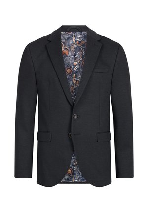 Blazer gris oscuro fabricado en tejido, con solapas de muesca, dos bolsillos frontales y un forro interior azul con patrones de diseños florales.
