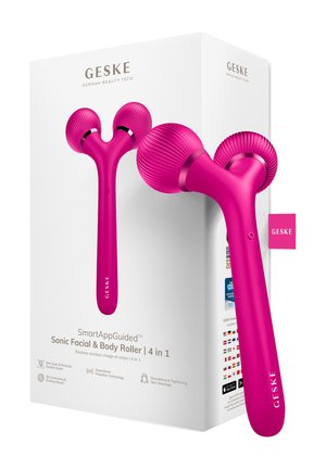 Felroze 4-in-1 sonische gezichts- en lichaamsroller met dubbele gestructureerde bollen, staand naast een witte productdoos met het merk GESKE.