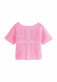 Růžový pletený top s krátkým rukávem, který má otevřený vzor se čtvercovými designy a širokým výstřihem. Texturovaná látka a zkrácená délka.
