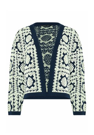 Marineblauwe en crème openvallende gebreide cardigan met geometrisch bloemmotief, lange mouwen en geribbelde boorden en zoom.