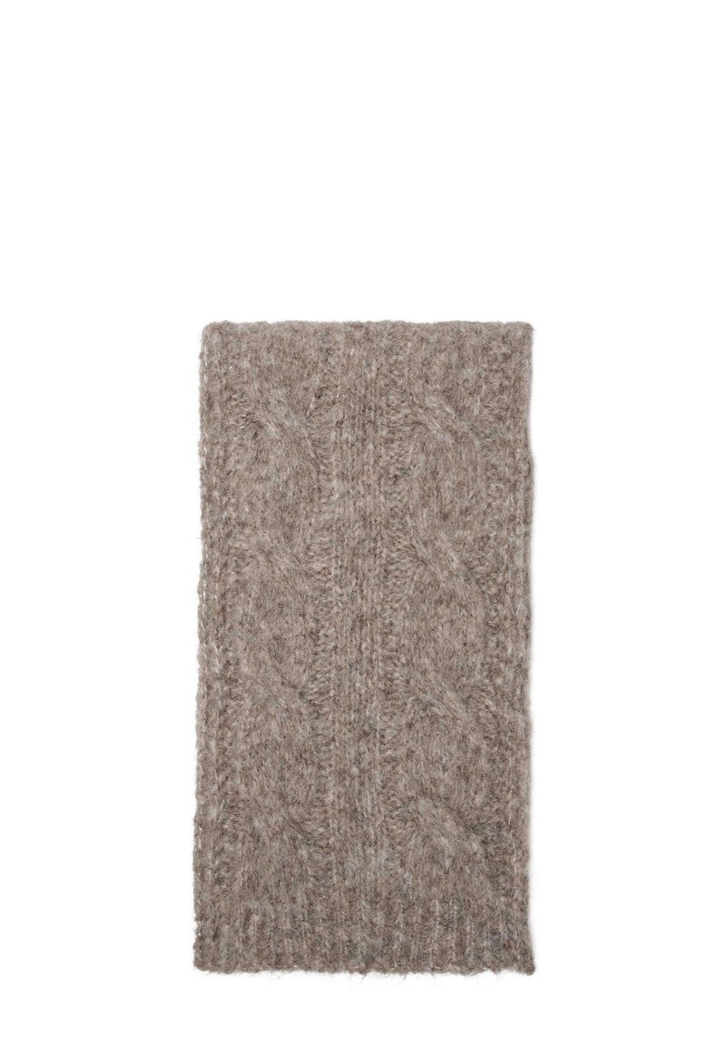 Knit scarf in light brown with a textured cable pattern. Material appears soft and fuzzy, with a ribbed border at the bottom.