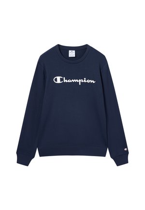 Felpa blu navy in cotone con maniche lunghe. Presenta un logo "Champion" bianco sul petto e un piccolo logo sulla manica.