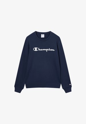 Felpa blu navy in cotone con maniche lunghe. Presenta un logo "Champion" bianco sul petto e un piccolo logo sulla manica.