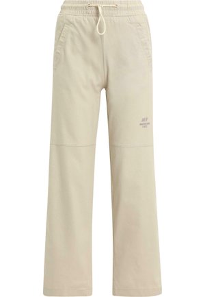 Beige wide-leg trousers made of cotton blend, featuring an elastic waistband with drawstring, side pockets, and subtle printed branding.