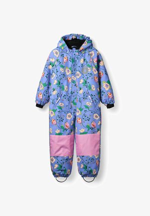 Modrý sněhulák s květinovým vzorem a růžovými akcenty, který má kapuci, elastické manžety a měkkou vnitřní podšívku. Vhodný do chladného počasí.