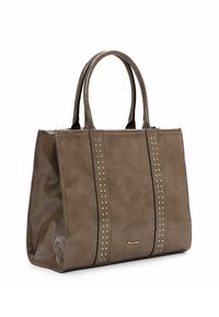 Brun syntetisk tote taske med en tekstureret finish, med to lodrette striber dekoreret med gyldne nitter og to robuste håndtag.