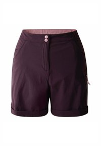 Pantalones cortos morados oscuros con cintura ajustada, dos bolsillos delanteros, dobladillos enrollados y acentos de botones rosas. Tela ligera con textura suave.