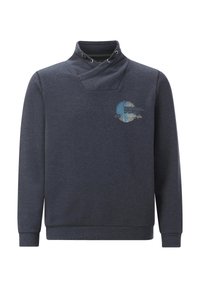 Dark blue pullover sweatshirt with an asymmetrical high collar featuring metal eyelets and a small blue and beige graphic on the chest.