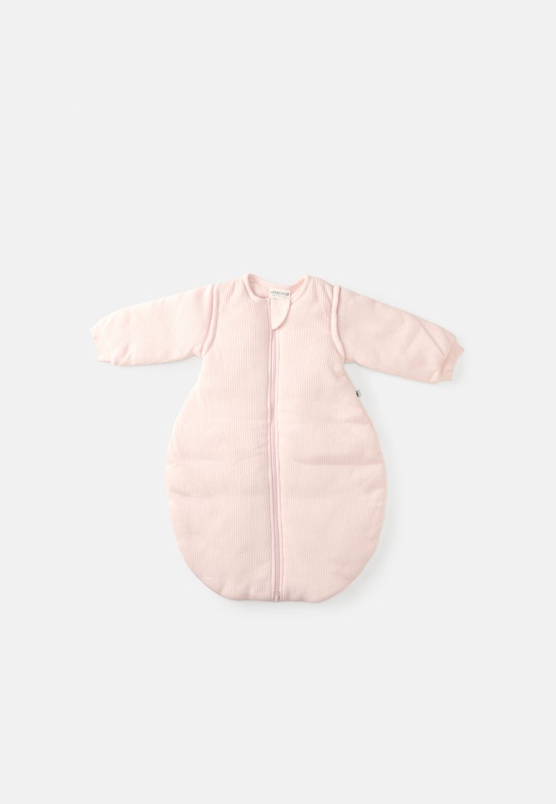 Saco de cama rosa claro com mangas longas, textura ribbed, forma redonda, fecho frontal com zíper e tecido macio para conforto.